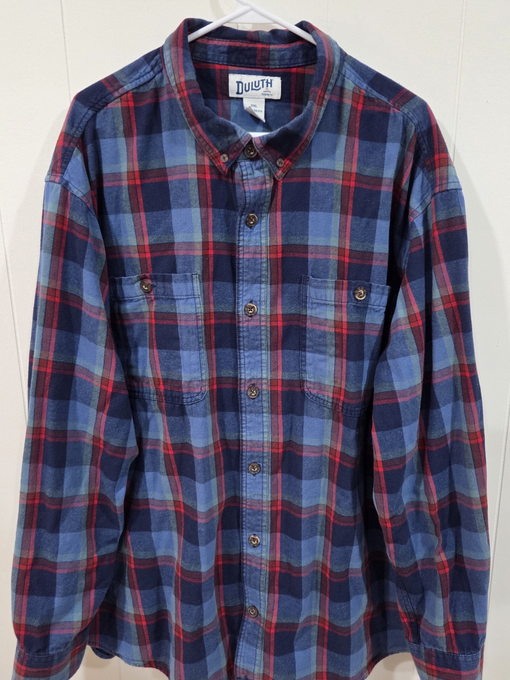 Duluth Trading Co Flannel Shirt 2XL Relaxed Fit Blue Red Plaid Button Down